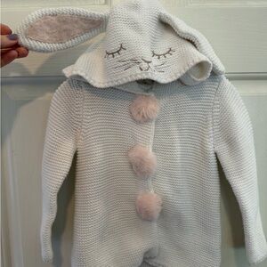 White Bunny Hooded Knit cardigan with Pink Pom Poms and Ears. Perfect for Easter